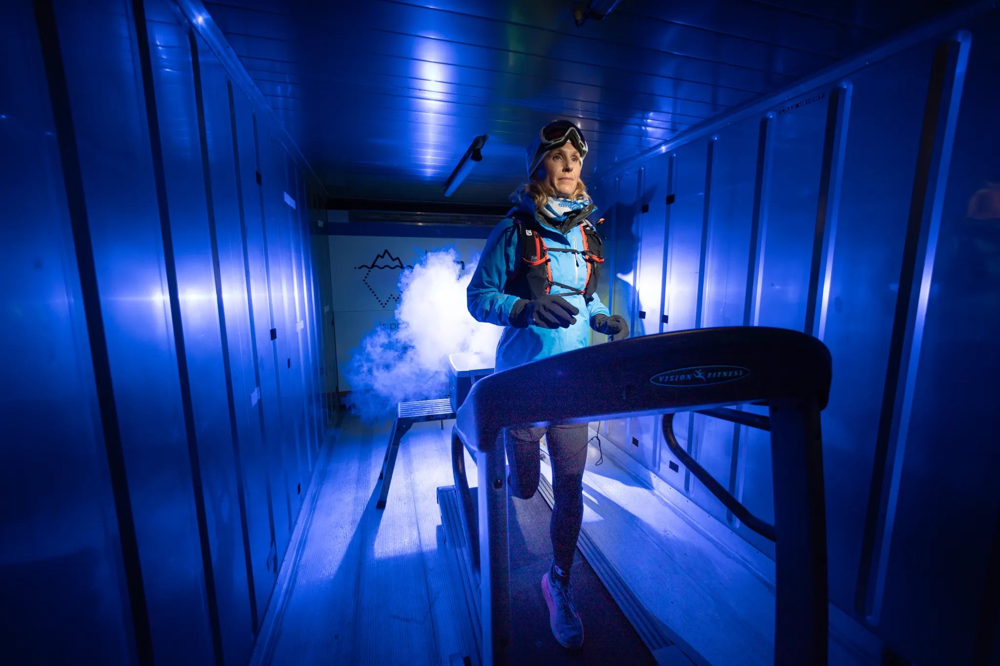 Pain scientist Donna Urquhart on the treadmill in a freezer container as she prepares for her world record attempt in Antarctica. CREDIT: JASON SOUTH (www.theage.com.au)